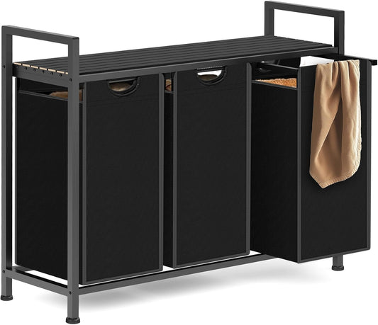 Laundry Hamper, Laundry Sorter with 3 Pull-Out Removable Oxford Fabric Bags Cloth Laundry Basket 3 x 10 Gallons (Charcoal Black)