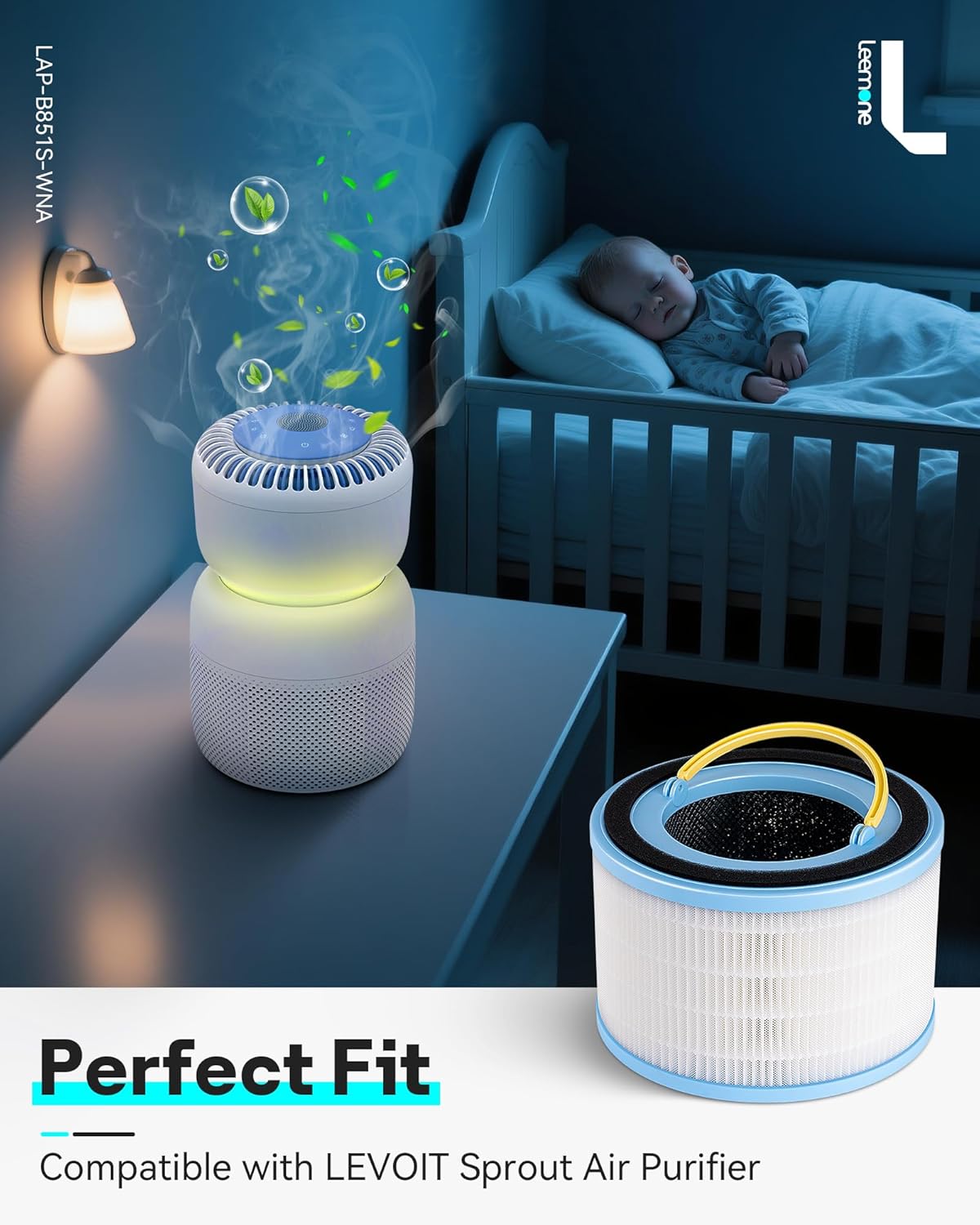 Leemone Sprout Air Purifier Replacement Filter Compatible with LEVOIT Air Purifier for Baby, 3-Layer Filtration HEPA High-Efficiency Activated Carbon, LRF-B851-WNA, 2 Pack