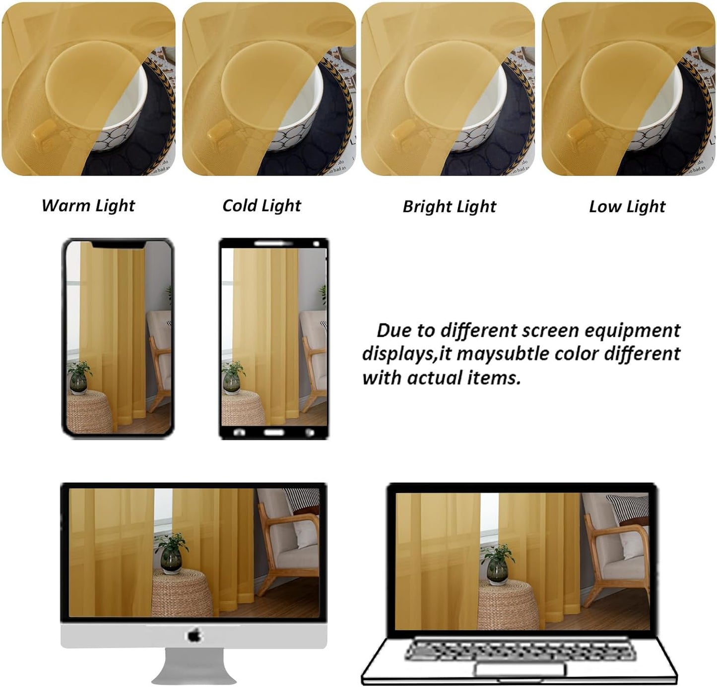 Chyhomenyc Gold Sheer Curtains 54 Inch Long 2 Panels Set, Short Voile Rod Pocket Drapes for Dinning Small Windows Bathroom Living Room Bedroom, Each 42Wx54L in, 2PCS, Gold