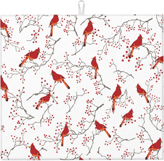 Cardinal Bird Red Berry Decor Kitchen Drying Mat Cute Microfiber Dish Drainer Mat for Kitchen Counter Absorbent Reusable Washable Home Holiday Decor 16x18 Inch