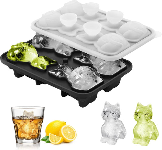 Silicone Ice Cube Tray,Cat 3D Large Ice Cube Molds for Whiskey,Cocktails,Wine,Juice and Bourbon,4 Big Cute Animal Ice Trays for Freezer with Lid Easy-Release BPA Free(Cat)
