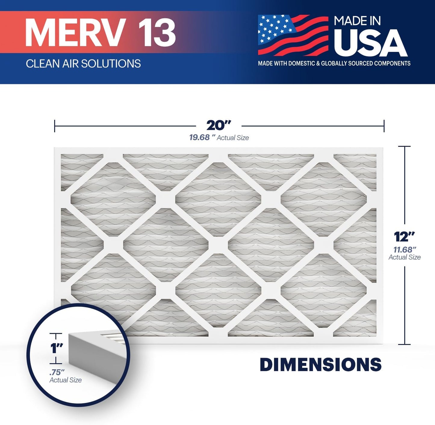 BNX TruFilter 12x20x1 Air Filter MERV 13 (6-Pack) - MADE IN USA - Electrostatic Pleated Air Conditioner HVAC AC Furnace Filters for Allergies, Pollen, Mold, Bacteria, Smoke, Allergen, MPR 1900 FPR 10