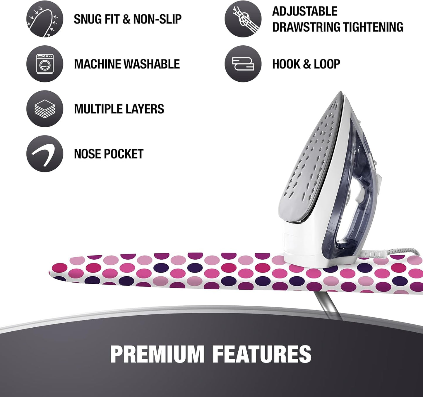 Extra Thick Ironing Board Covers with Pad Standard Size 15x54, Snug Fit Adjustable Drawstring Tightening with Stopper, Heat Reflective Coating, Nose Pocket and Fastener Straps, Polka Dots