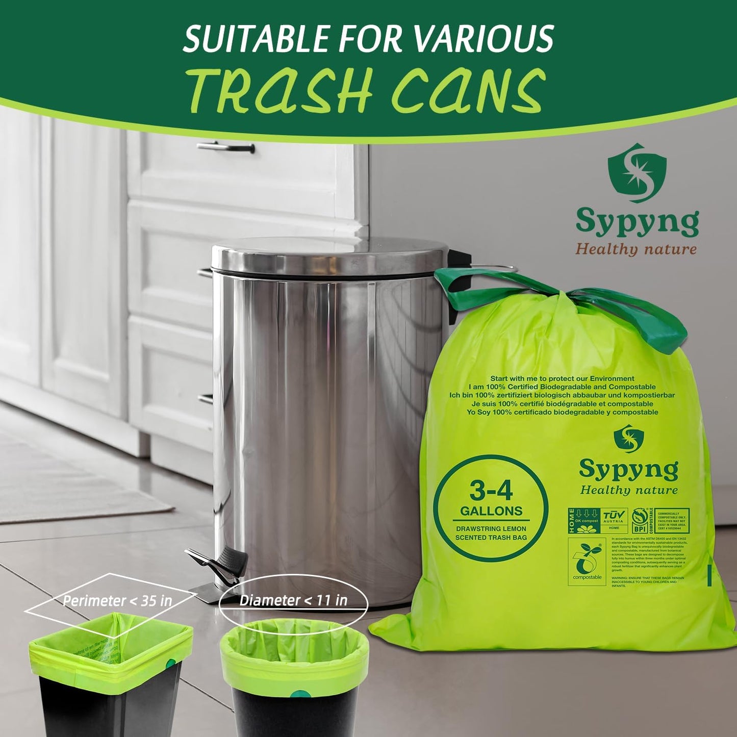 Compostable Kitchen Trash Bags 3-4 Gallon (100-Pack) - Heavy-Duty 1.1 Mil, 100% Biodegradable, ASTM D6400, BPI & OK Compost HOME Certified, Eco-Friendly, Leakproof & Odor Control