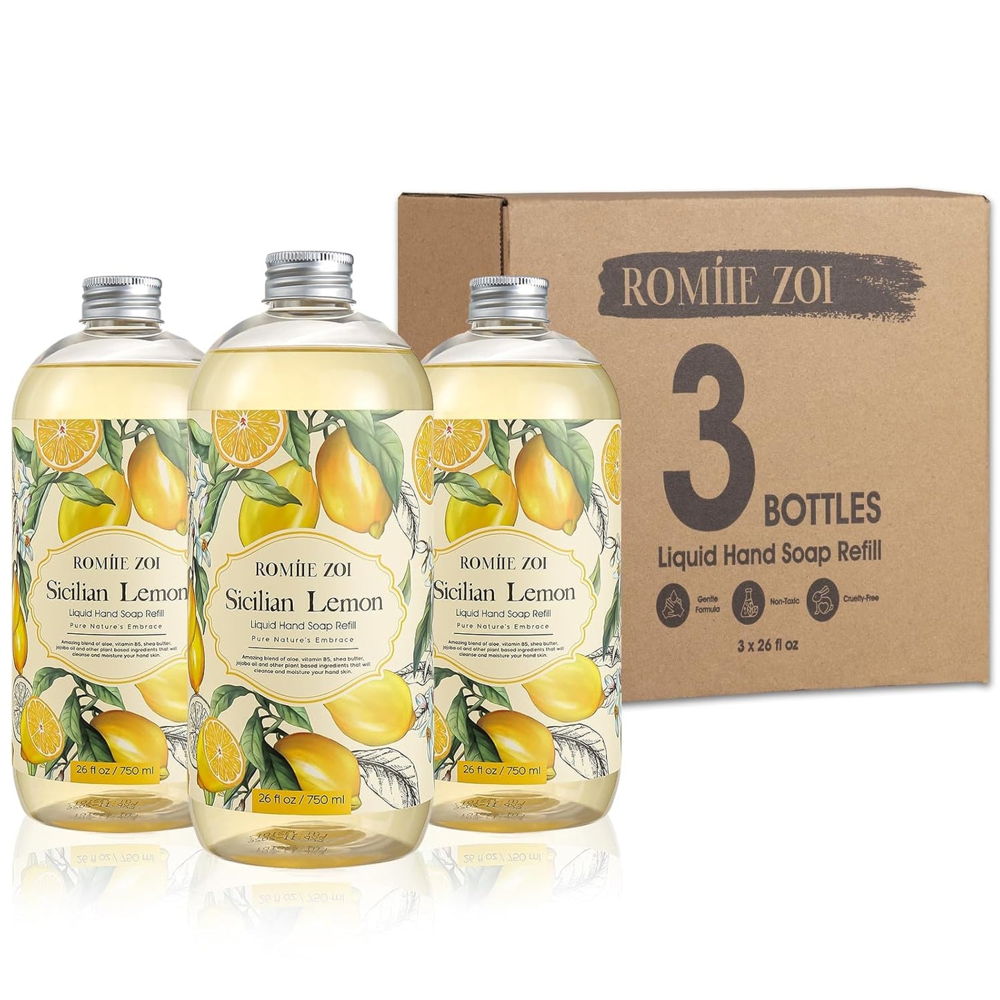 ROMIIE ZOI Lemon Scent Liquid Hand Soap Refills - Natural, Gentle & Moisturizing Formula - Family Size 3 Pack, Ideal for Liquid Soap Dispensers in Kitchen & Bathroom