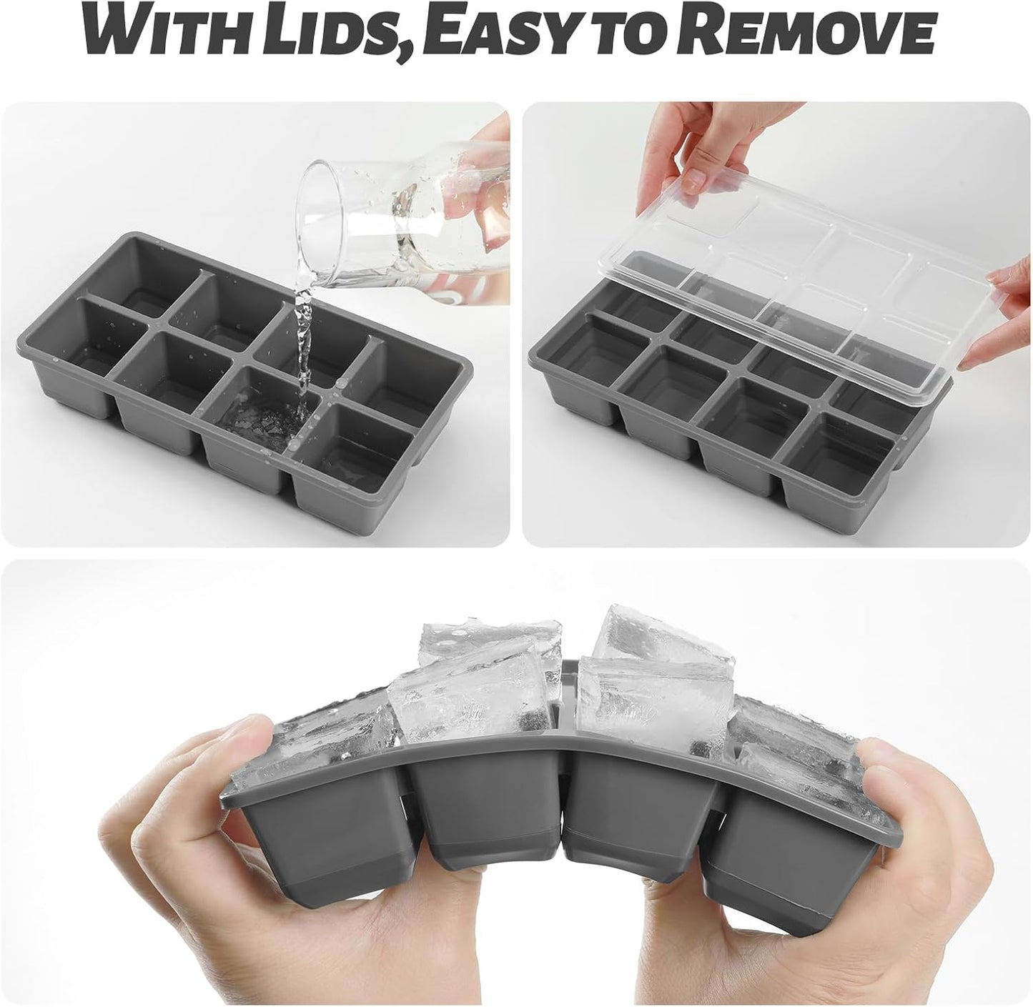 Large Ice Cube Trays, JRISBO 2 Pack Reusable Silicone Ice Cube Molds with Lid for Freezer, Easy Release 16 Big Square Ice Trays for Whisky Cocktails