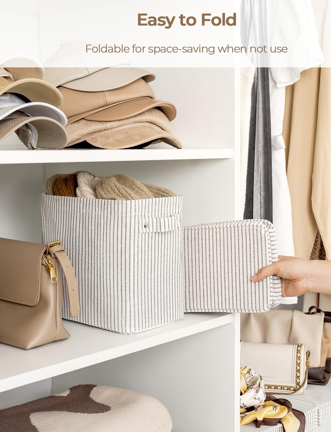 StorageWorks Narrow Storage Bins, Small Basket for Closet and Shelves, Rectangular Fabric Organizer with Handles, Toilet Paper Storage, Khaki and Beige Stripes, 2-Pack