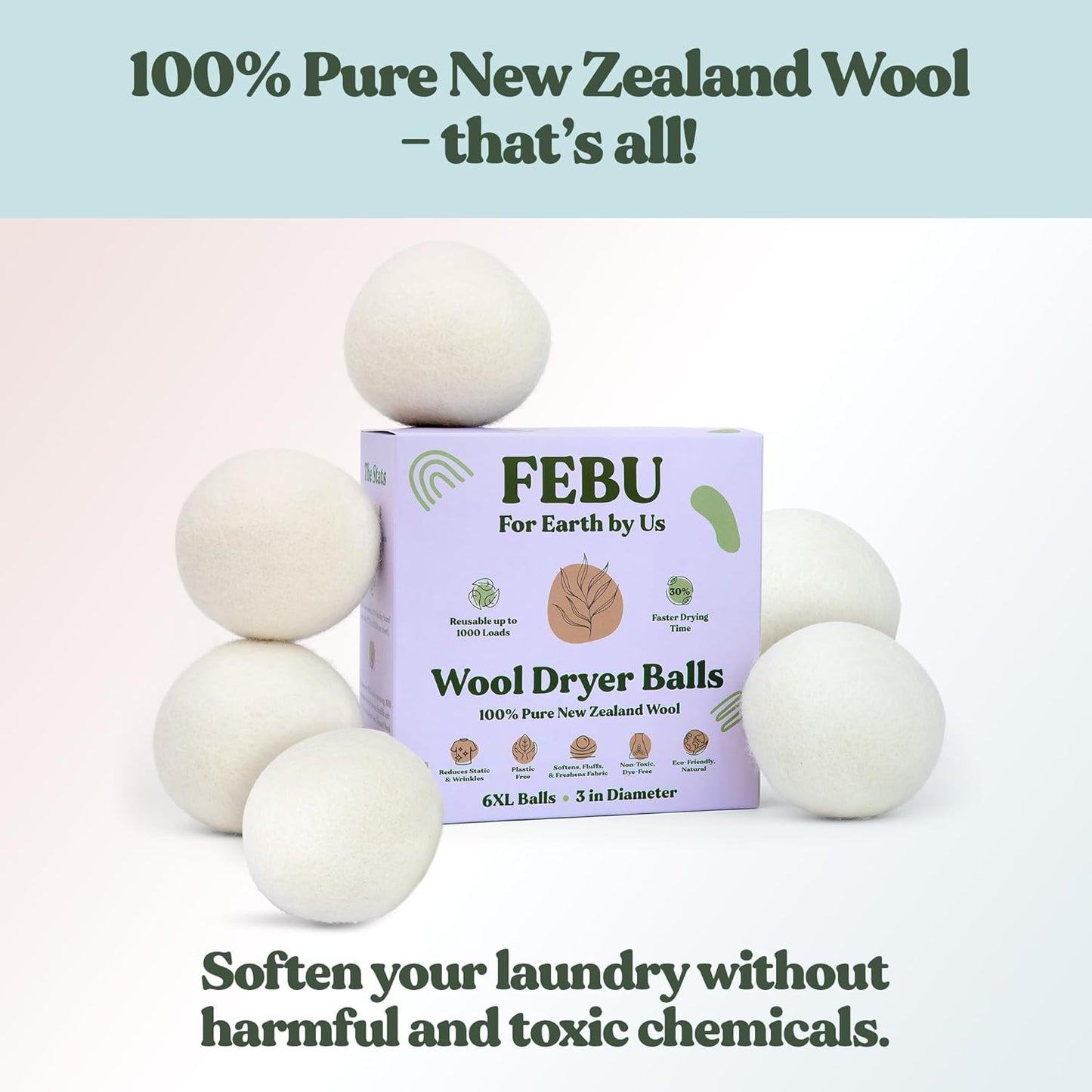 FEBU Wool Dryer Balls, 6-Pack, XL | 100% New Zealand Wool | Natural, Reusable Fabric Softener | Alternative to Dryer Sheets | Reduces Wrinkles, Shortens Drying Time, Zero Waste