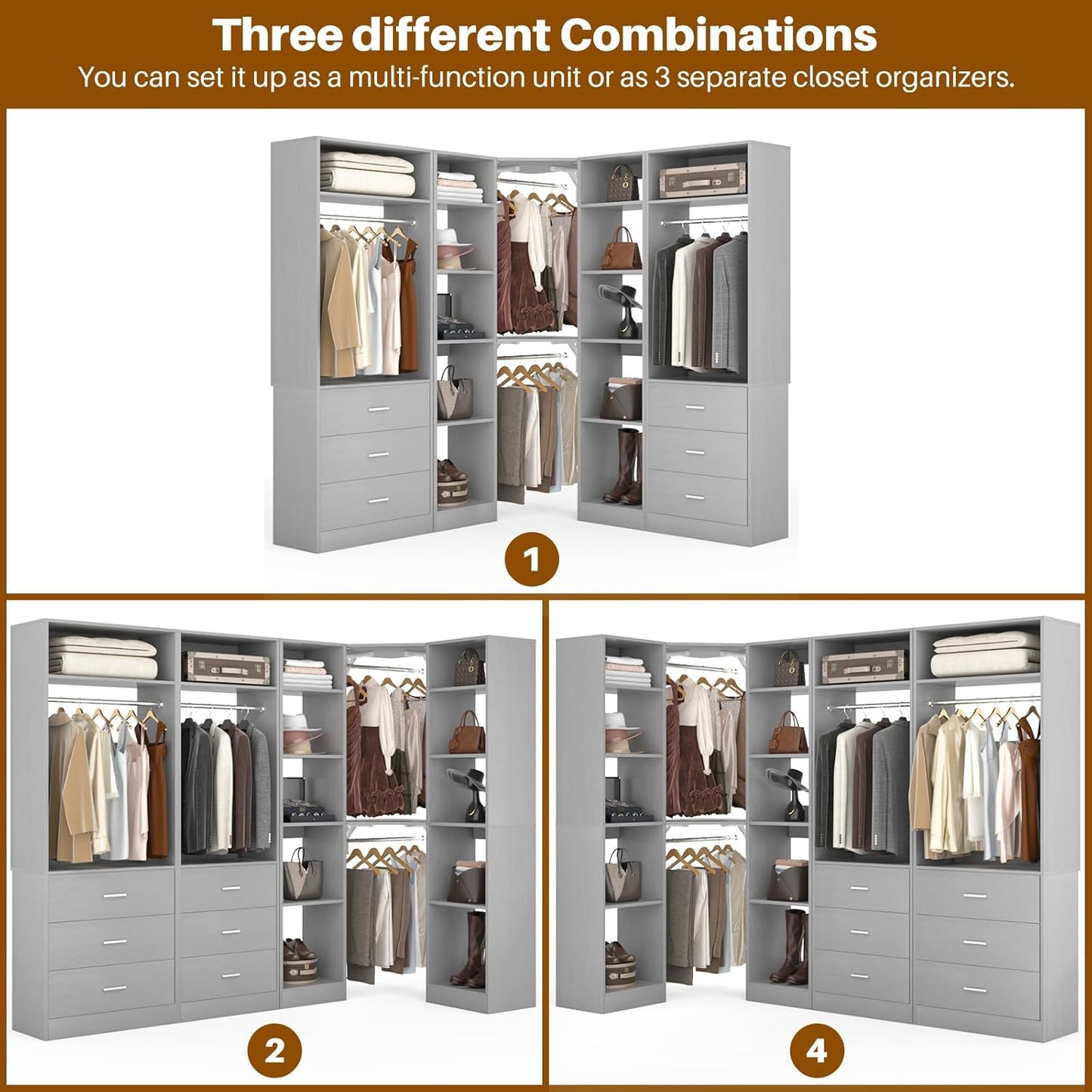 Corner Closet System with 6 Drawers, Closet Organizer System with 14 Shelves & 4 Hanging Rods, 87.2"L * 39.2"W / 63.2"L * 63.2"W Reversible L Shaped Walk-in Closets, Load 2500+LBS, Grey