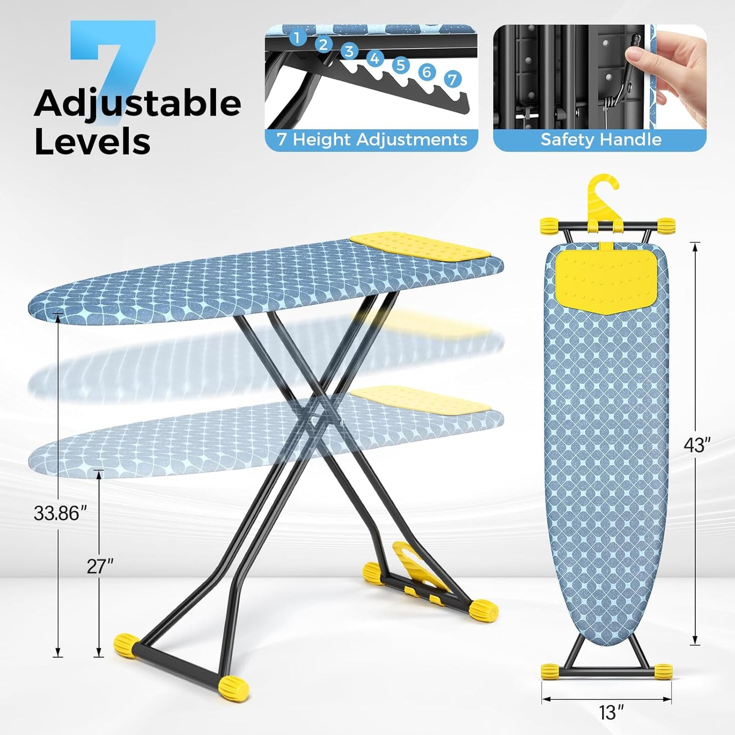 KINGBOARD Ironing Board, Compact Iron Board with Silicon Iron Mat, Heat Resistant Cover, 7 Height Adjustable, Foldable Ironing Board Wall Mount Hanger, 13x43 Yellow