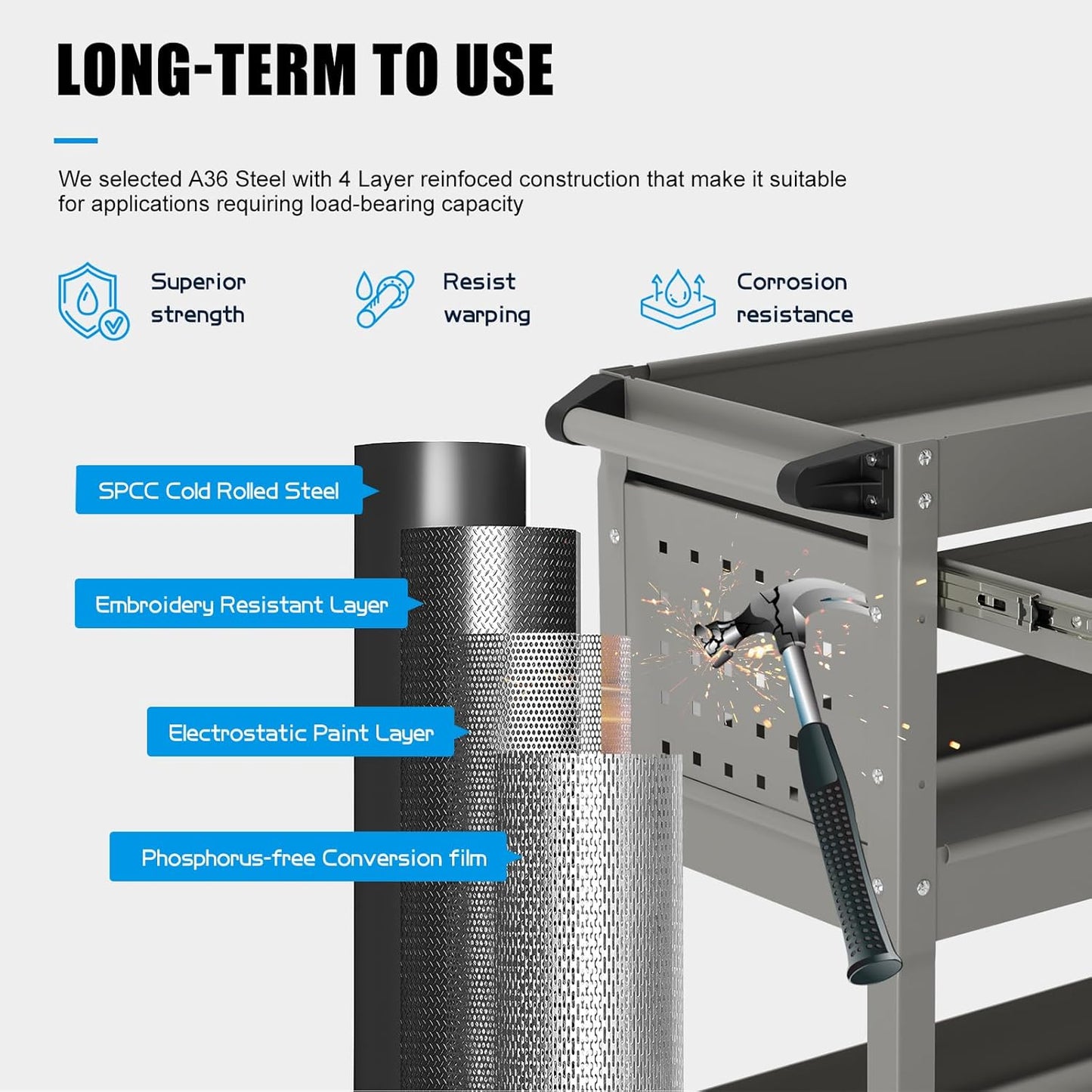3 Tier Rolling Tool Cart on Wheels, Heavy-Duty Utility Cart Service Cart with Locked Drawers for Garage, Warehouse, Repair Shop, Workshop…