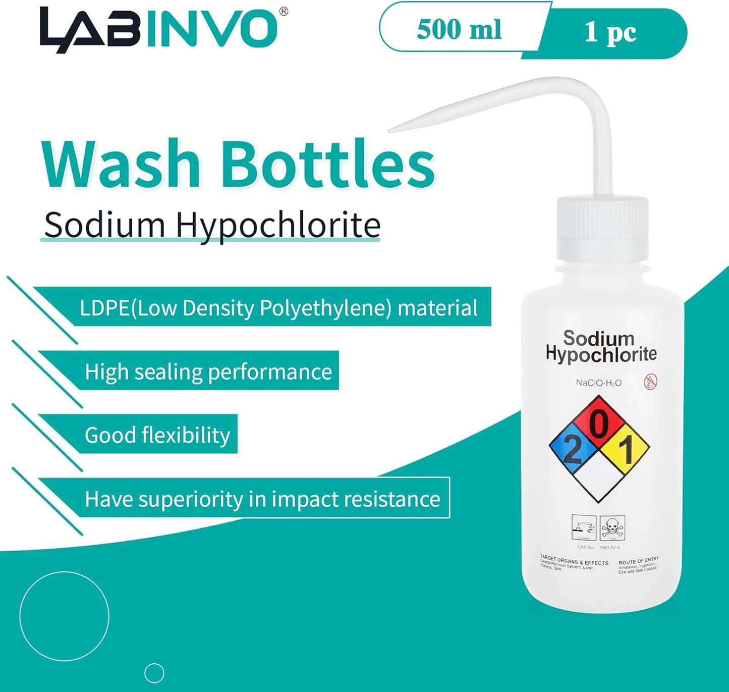 Sodium Hypochloride Wash Bottles, Vol.500ml (17oz), Narrow Mouth, Self-Venting Safety Wash Bottles, LDPE Material, IN-WBS500，Pack of 1, IN-WBS501