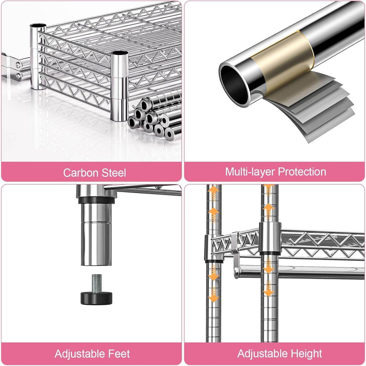 Heavy Duty Rolling Garment Rack 3 Tiers Adjustable Wire Shelving Clothes Rack with 2 Rods and Side Hooks,Storage Closet Clothing Rack with Wheels Chrome 15.7" D x 45.3" W x 79.6" H
