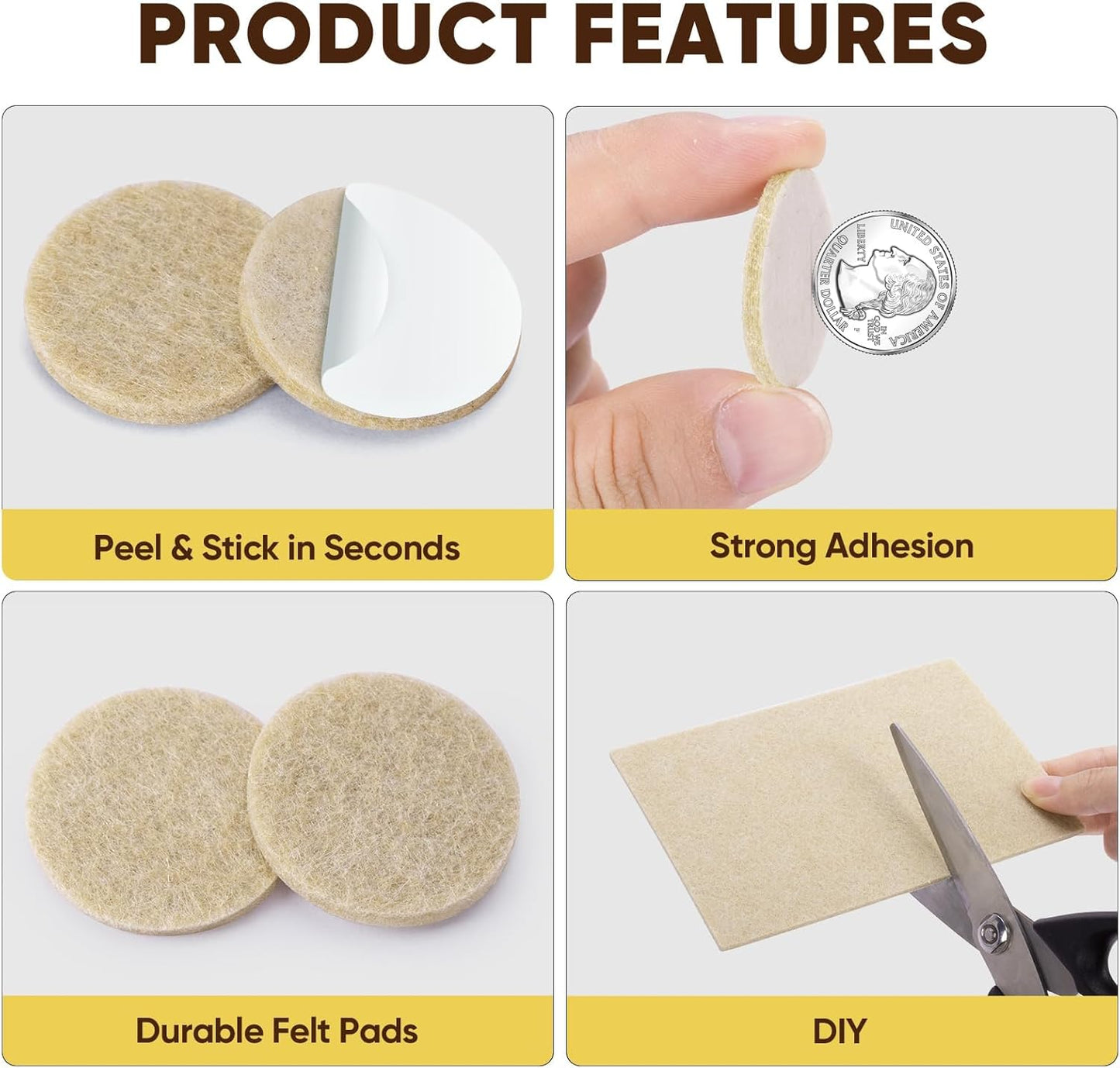 BALEINE 300PCS Felt Furniture Pads, Multi-Size Felt Pads for Chair Legs, Tables, Beds, Scratch-Reducing Floor Protectors for Hardwood Floors, Tile, Vinyl, and Laminate (300PCS, Beige)