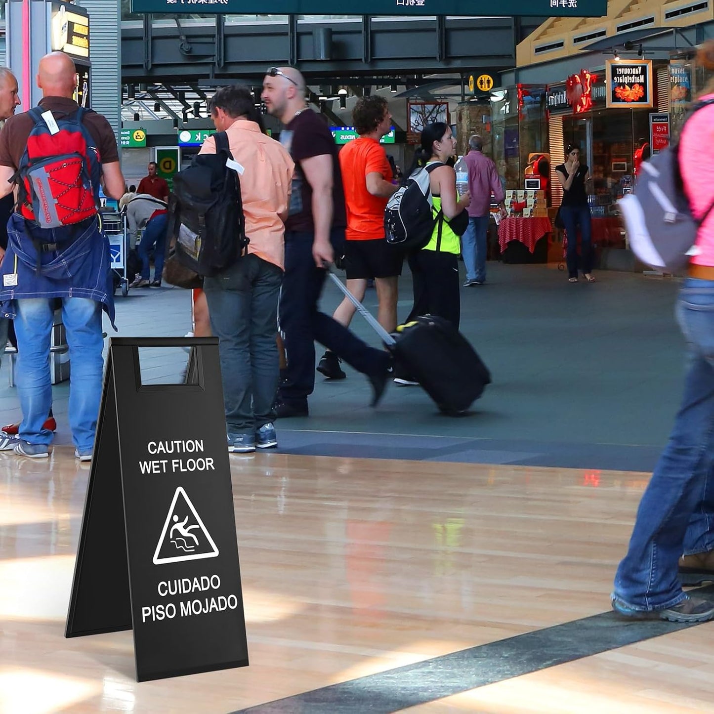 Stainless Steel Wet Floor Caution Sign Bulk 8.8 Pound Portable Foldable Handle Bilingual Safety Sign for Kitchen Restaurant Supermarket Shop Commercial Use Avoid Fall and Slip Accident (Black)