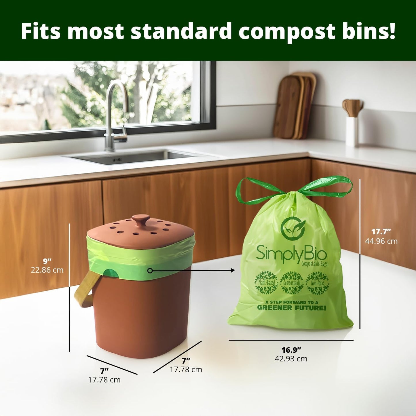 Simply Bio 3 Gallon Compostable Trash Bags Liners Drawstring, Heavy Duty Extra Thick 1 Mil, 11.36 Liter, 50 Bags, Small Kitchen Food Scrap Waste Bag, ASTM D6400, US BPI and OK Compost Home Certified