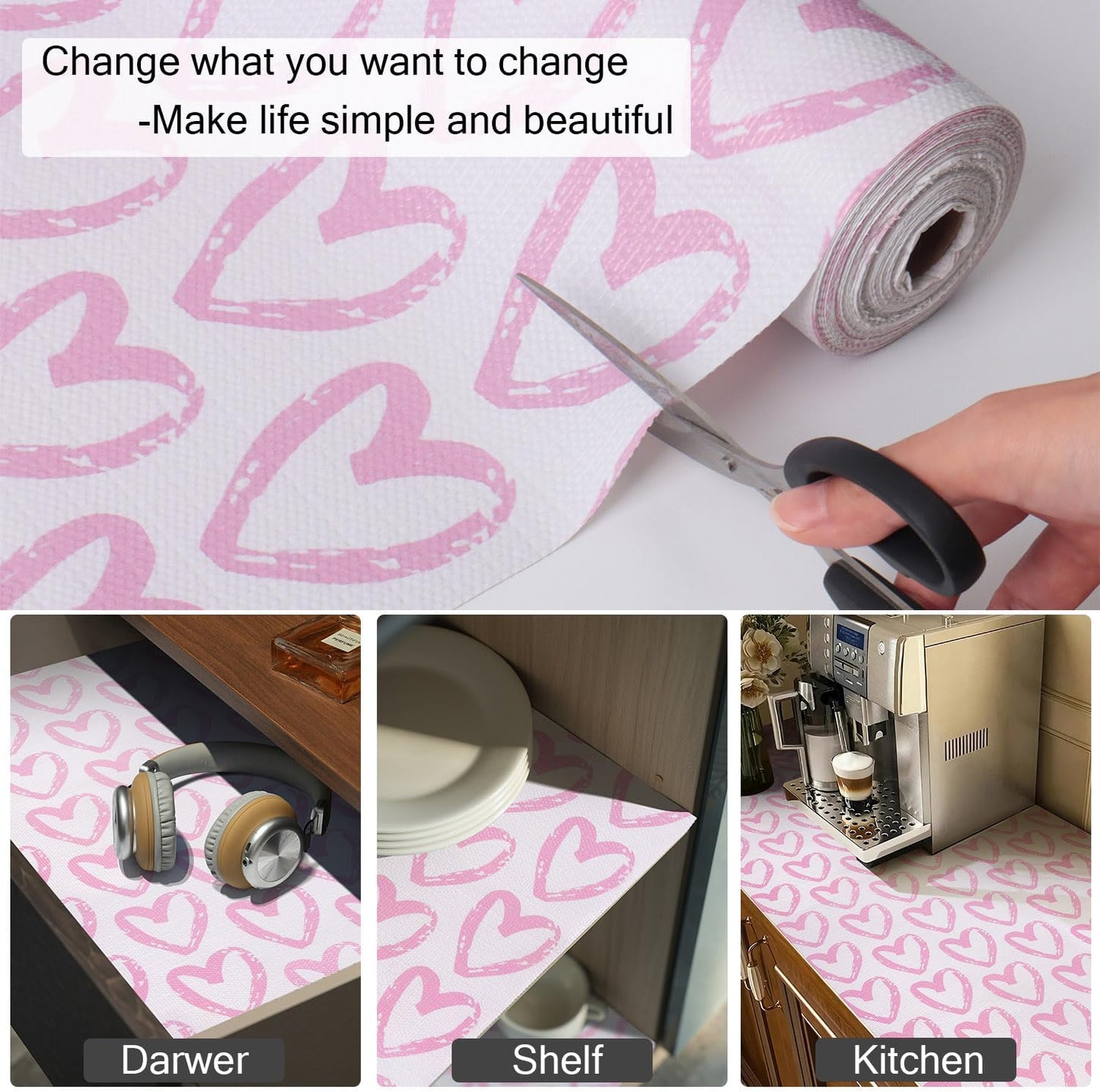 Pink Heart Shelf and Drawer Liner for Cabinets, 12IN x 20FT Non-Adhesive and Strong Non-Slip Shelf Cabinet Drawer Liners for Kitchen,Table,Bookshelves,Waterproof Cupboard Liners,Easy to Clean