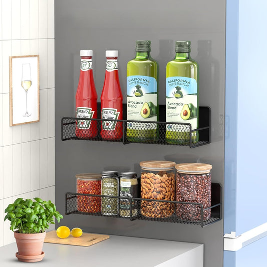 2 Pack Magnetic Spice Rack for Refrigerator, Black Magnetic Shelf with 4 Removable Hooks, Rustproof Magnetic Shelf for Fridge, Oven, Condiments, Oils, Seasoning Spice Organizer