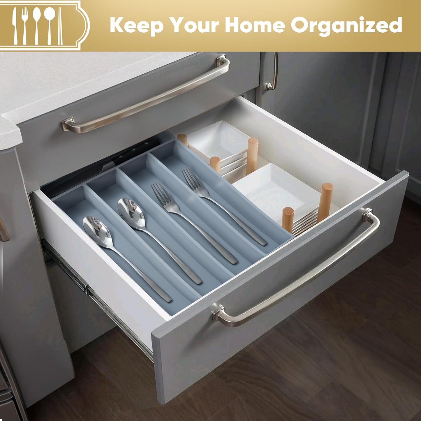 Silverware Organizer, 10 Inch Utensil Organizer Kitchen Drawer Organizer Bamboo Silverware Holder Cutlery Tray Organizer in Drawer Flatware Organizer Tray(5 slots, Gray）