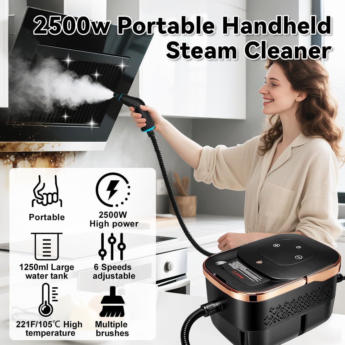 Steam Cleaner for Home, 2500W Portable Handheld Steamer for Cleaning, Large Capacity Tank Pressurized Steam Cleaning Machine for Car, Bathroom, Kitchen, Furniture, Grout, Floor, Tile