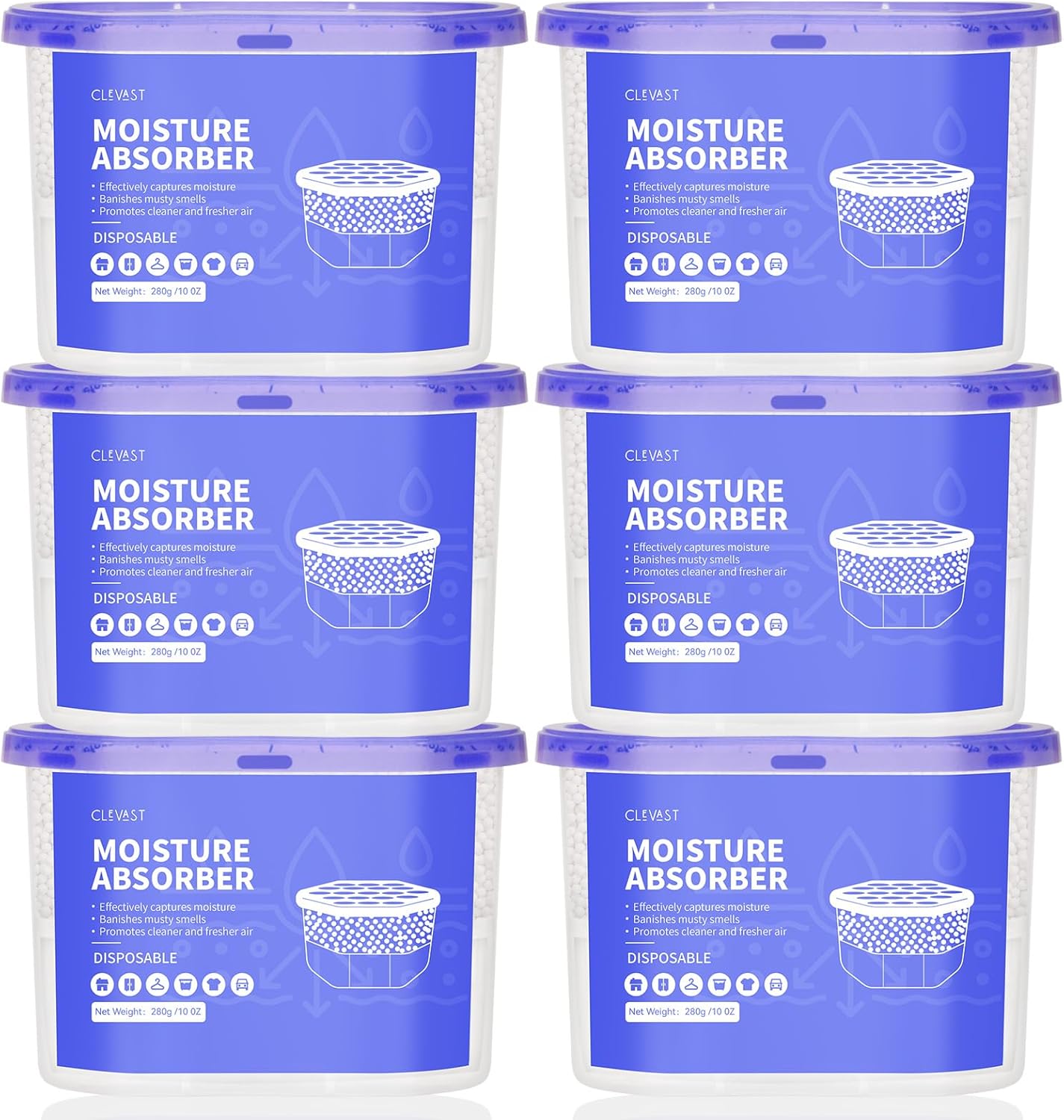 CLEVAST Moisture Absorbers Boxes, 10 OZ, 6 Pack, Dehumidifier Box for Closet, Unscented Hanging Humidity Absorber in Wardrobes, Bedrooms, Bathrooms, RV