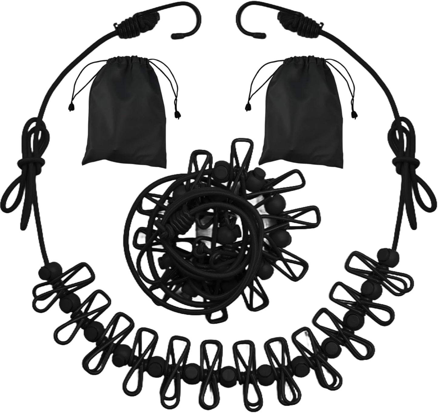 2 Pack Camping Clothesline Portable 12 Clothespins, Black Camping Accessories Travel Clothesline for Outdoor Indoor, Retractable Clothes Line Elastic Clothesline for Camper Hotel Room