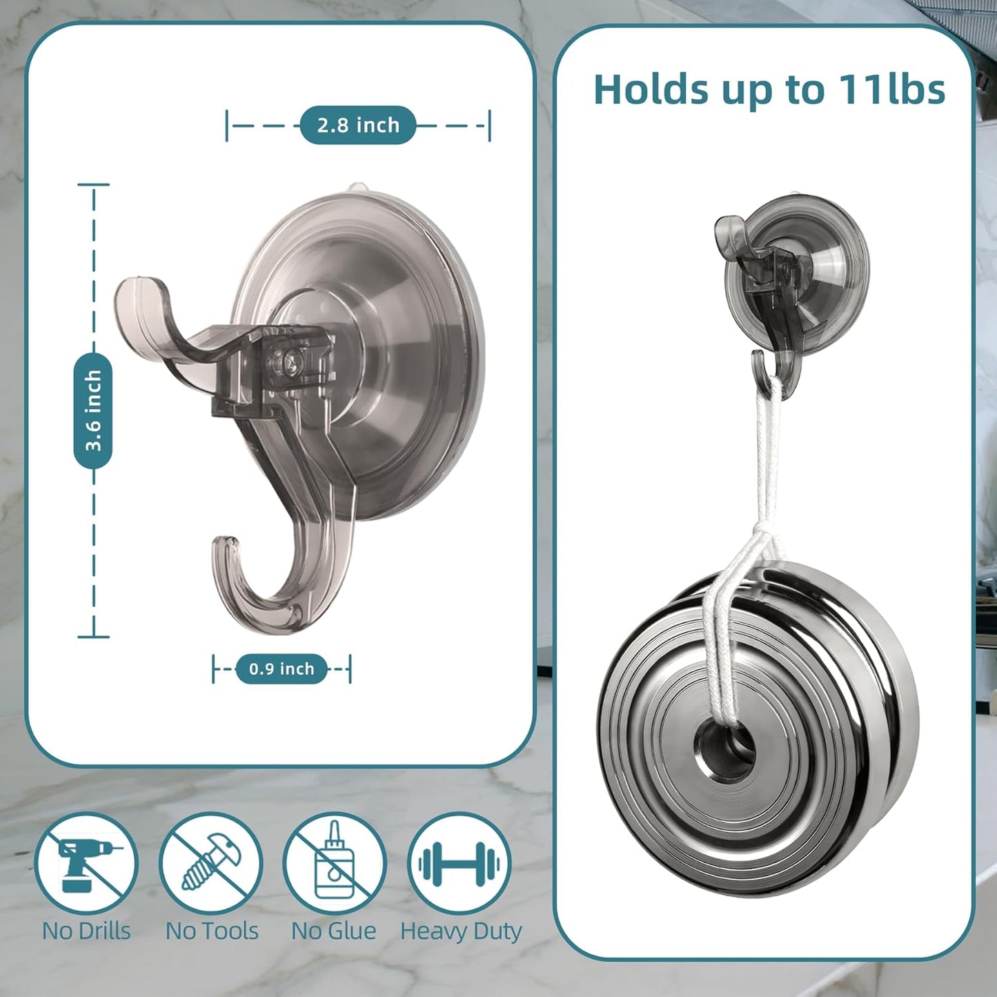 Antimbee Suction Hooks, 5 Pack Clear Hanger, Removable Small Suction Cups for Shower, Bathroom, Glass, Door, Windows, Kitchen - Up to 11 lbs on Smooth Surface - 2 Hooks Design (Transparent Gray)