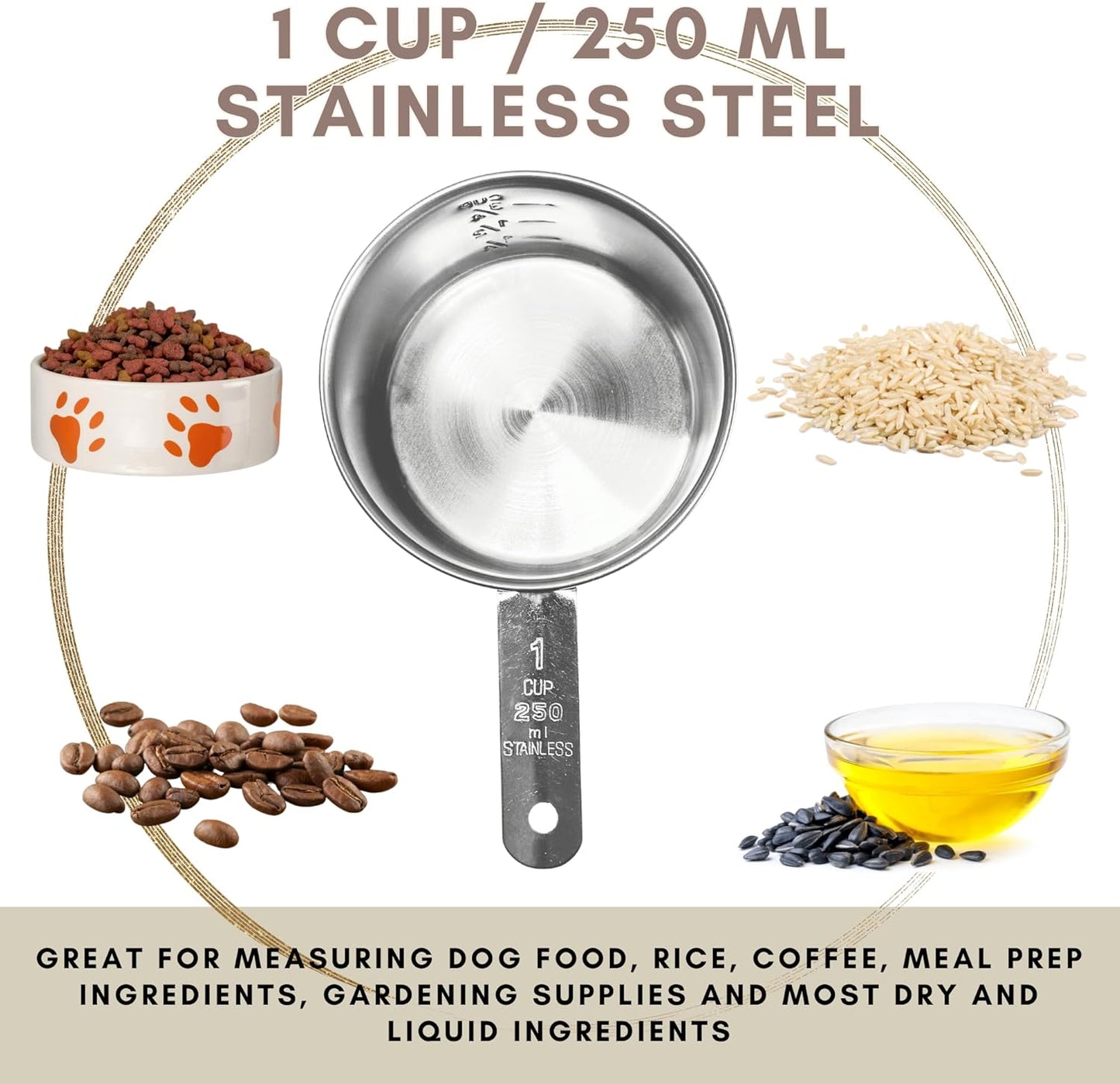 1 Cup Stainless Steel Measuring Cup | Sturdy Metal 250 ml | 240 cc | 8 oz | Single Cup for Wet and Dry Ingredients | Great for use as 1 Cup Dog Food Scoop - 4 PK