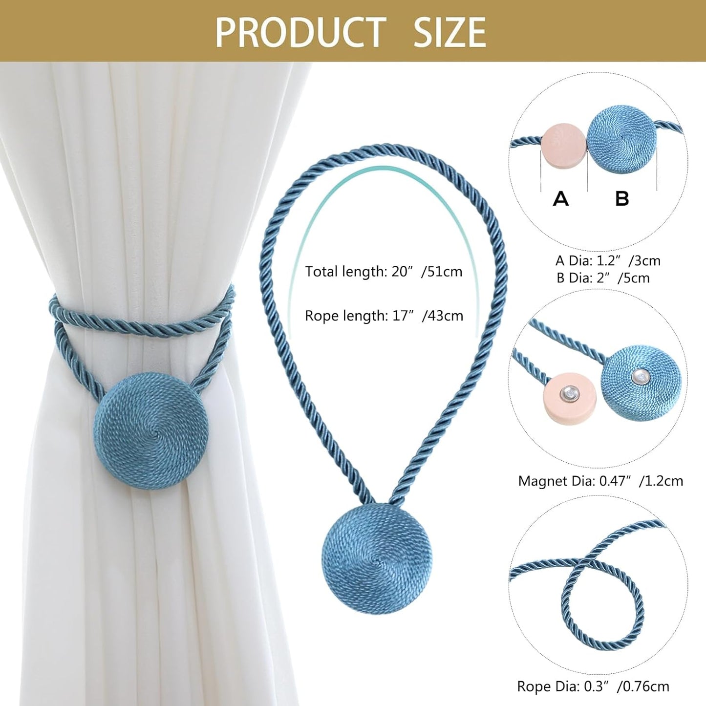 Magnetic Curtain Tiebacks - 12mm Magnetic Tie Backs for Curtains, Heavy Duty No Drill Curtain Holdbacks for Home/Office Windows Drapes, Elegant Gift-Ready Design 7 Colors (2, Blue)