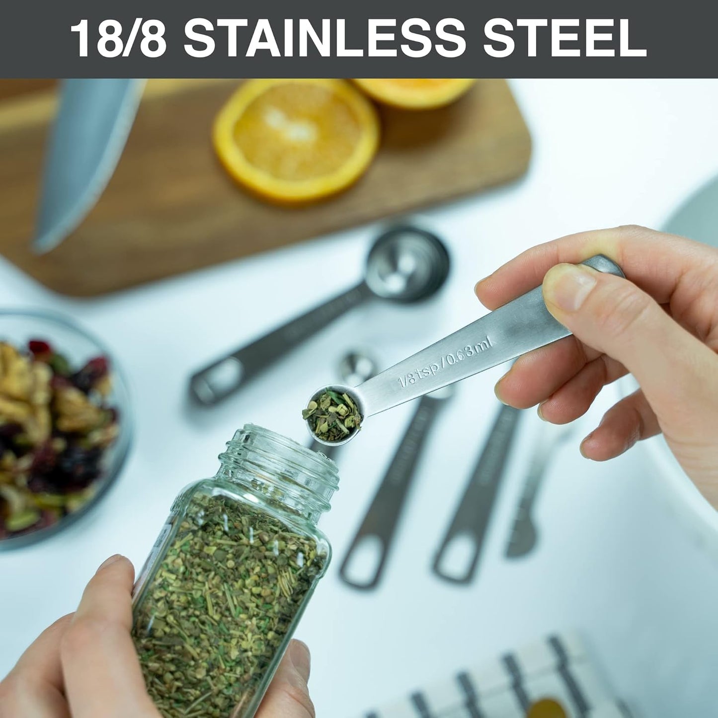 BALCI - 6 Measuring Spoons, Heavy Duty 18/8 Premium Stainless Steel Measuring Spoons Set, Spoons with US and Metric Measurements, Set of 6 + Leveler, Measuring tools for Dry and Liquid Ingredients