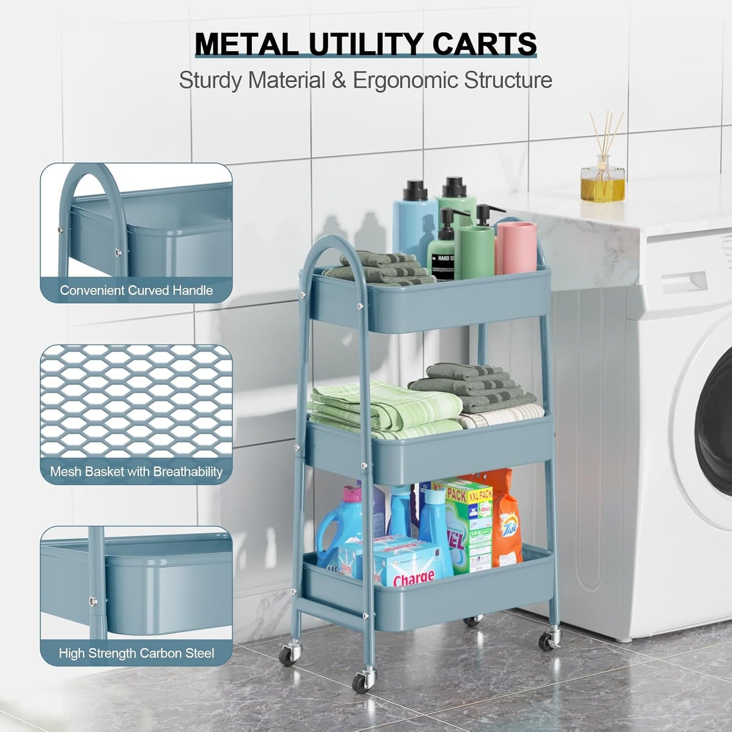 3 Tier Utility Rolling Cart, EAGMAK Metal Storage Cart with Handle and Lockable Wheels, Multifunctional Storage Organizer Trolley with Mesh Baskets for Kitchen, Living Room, Office, Garage (Blue)