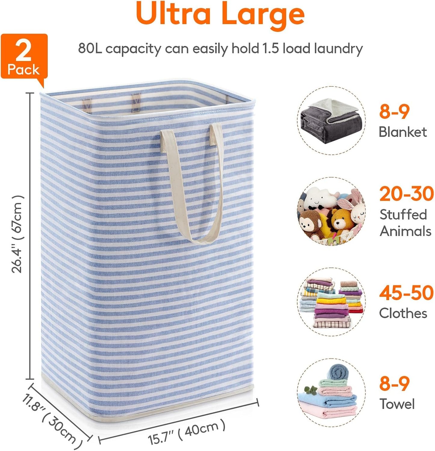 Lifewit 2 Pack Laundry Hamper Large Collapsible Laundry Baskets, Freestanding Waterproof Clothes Hamper with Easy Carry Handles in Laundry Room Bedroom Bathroom College Dorm for Adults, Blue, 2 x 80L