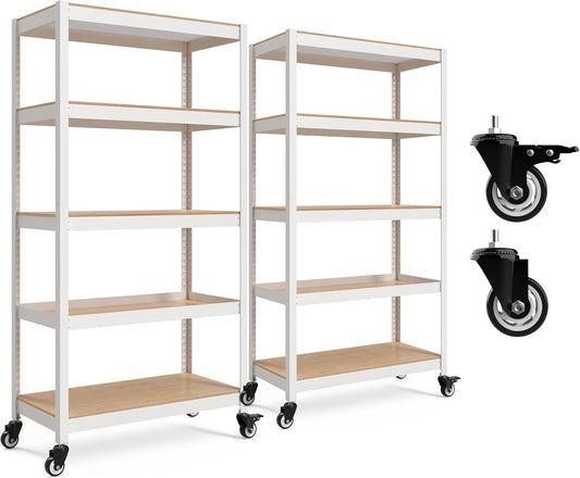 HOMEDANT House White 5-Tier Metal Rolling Cart Shelf Rack Casters Heavy Duty Wheel Shelving Unit Adjustable Utility Storage Shelves Organizer Shelf Kitchen Garage 36.2" W x 16.5" D x 69.5" H 2Pack