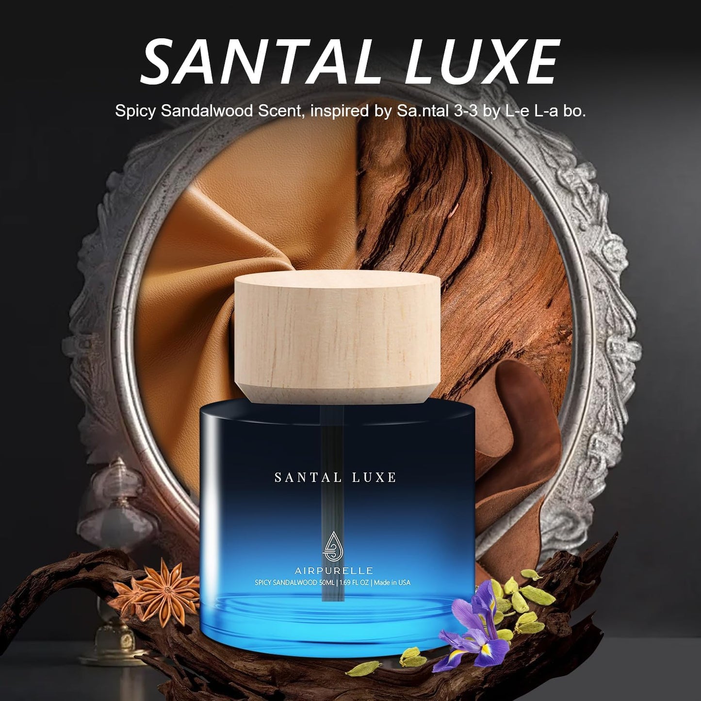 Car Air Freshener for Men & Women – Long-Lasting Spicy Sandalwood Essential Oil Diffuser for Car Cup Holder – 50ML (1.7 FL OZ) Car Scent Diffuser, Inspired by Perfume – Made in USA