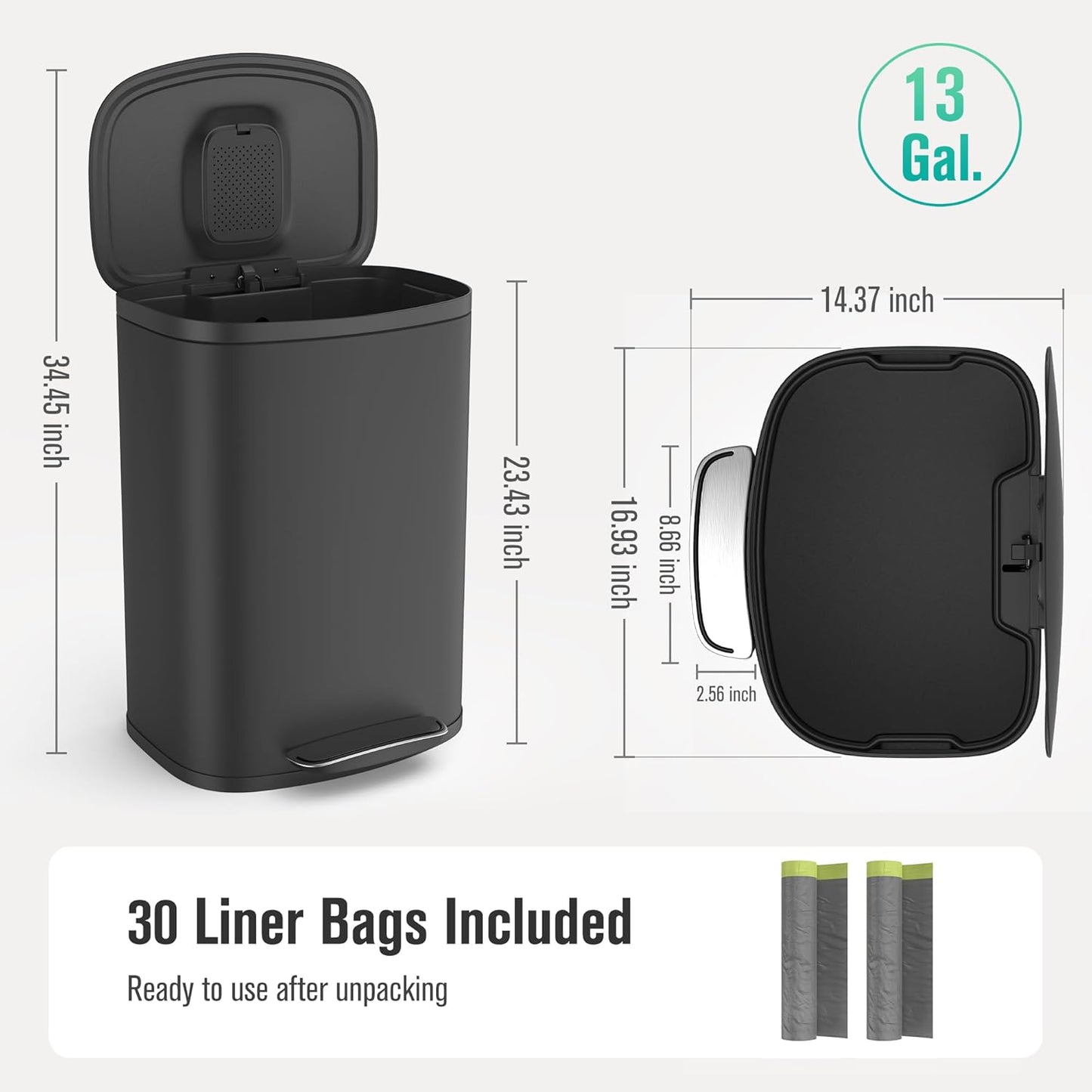13 Gallon Stainless Steel Foot Pedal Large Trash Can with Soft Close Quiet Curved Surface Top Lid and Deodorant Storage Space, with 30 Garbage Bags for Kitchen/Home/Office Trash can and More - Black