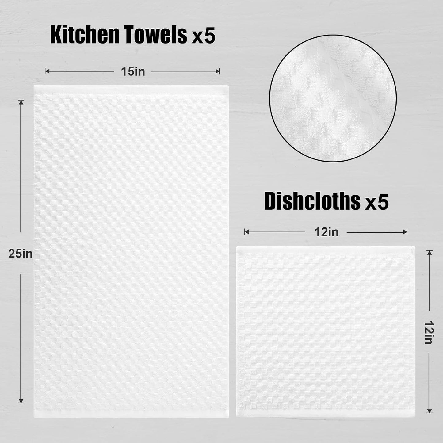 Fintale 100% Cotton Kitchen Towels and Dishcloths Set, 12 x 12 & 15 x 25 Inches, Set of 10 Bulk Super Soft and Absorbent Terry Cloth Dish Towels, Quick Drying Hand Towels with Hanging Loop, White