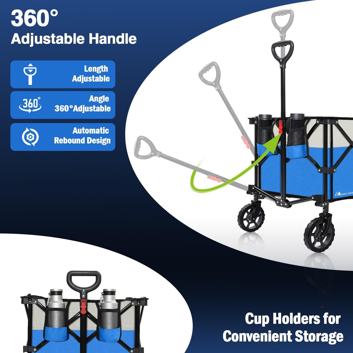 Moon Lence Collapsible Folding Wagon Cart Heavy Duty Folding Garden Portable Hand Cart with All-Terrain Beach Wheels, Adjustable Handle & Drink Holders (Blue & Ivory)