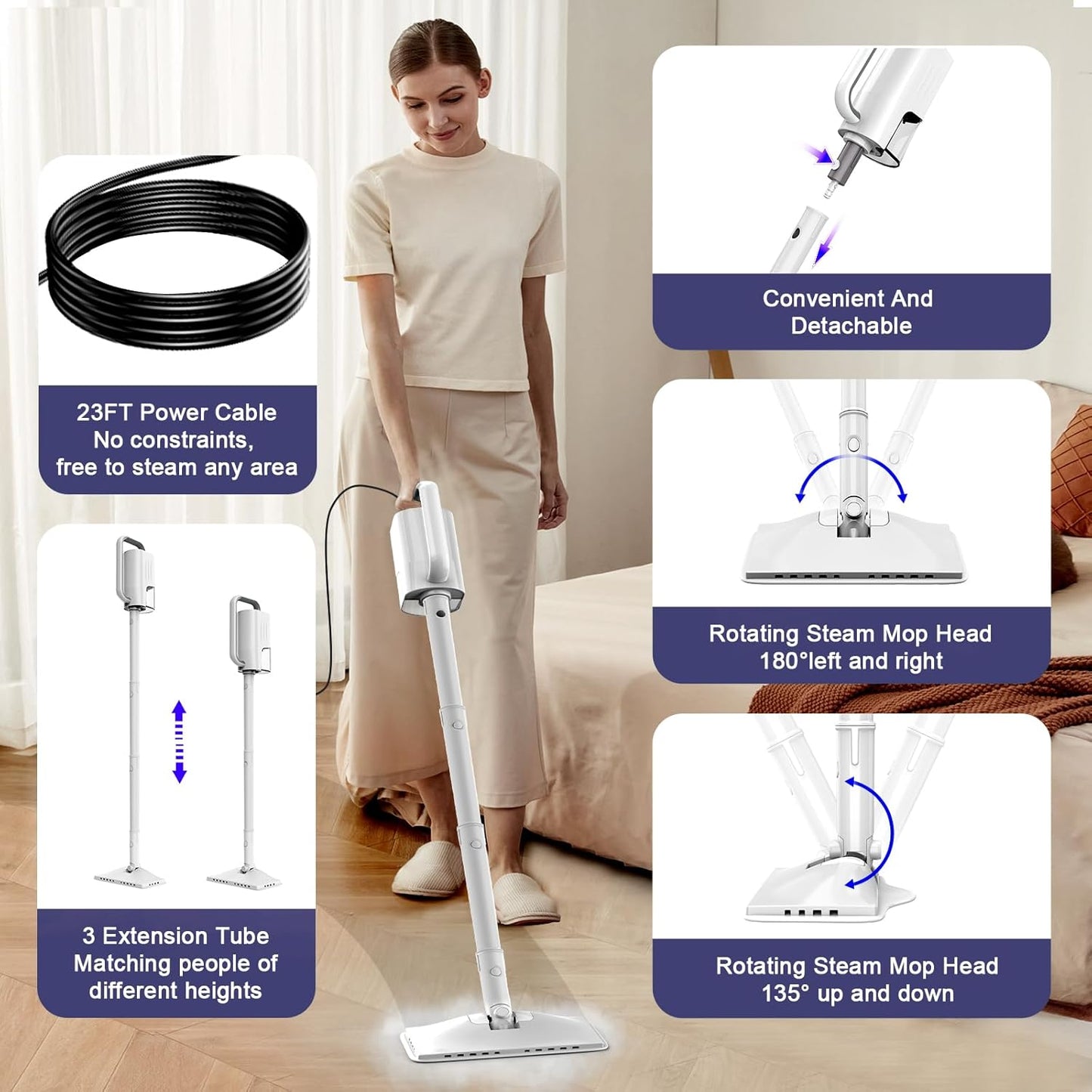 Steam Cleaner, 6 in1 Rotated Steam Mop Cleaner with 2 Modes, 2 Microfiber Pads, 400ML Removable Tank, 23FT Power Cable, Detachable Steam Mops for Floor, Laminate Floor, Tiles Cleaning (Sky White)