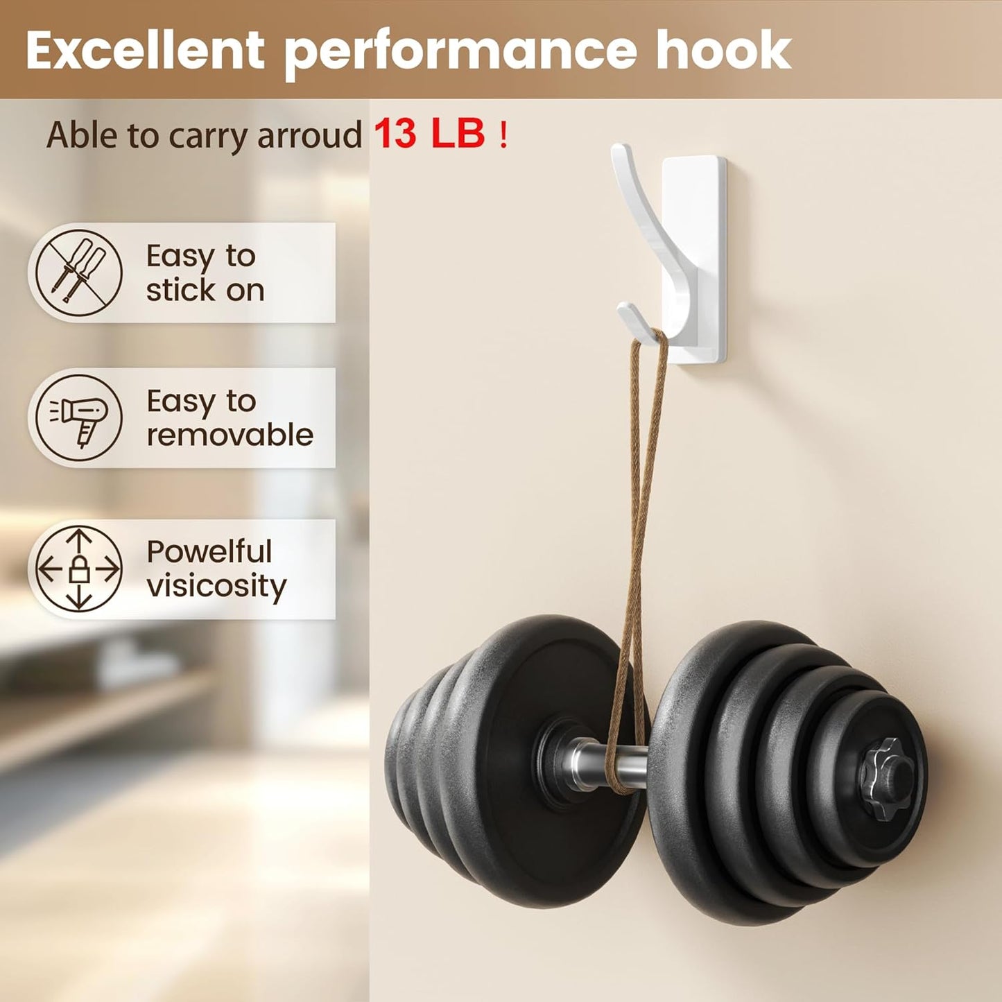 Self Adhesive Coat Hooks for Hanging, Heavy Duty Stainless Double Wall Hook for Towel, Backpack, Hat, Sturdy Metal Hanger for Bathroom, Bedroom, Door, Wall Mounted, 6 Pack, White