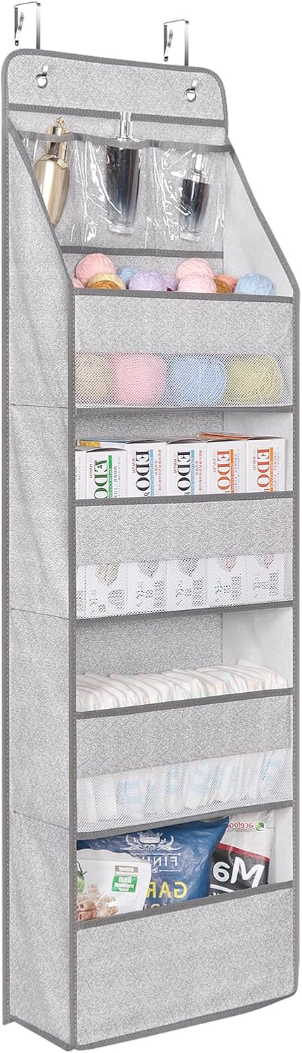 Univivi 5-Shelf Door Storage Over Door Hanging Organizer with 4 Large Pockets and 3 Small PVC Pockets Nursery Closet Cabinet Wall Mount Hanging Storage Organizers for Baby Nursery (Grey Pattern)