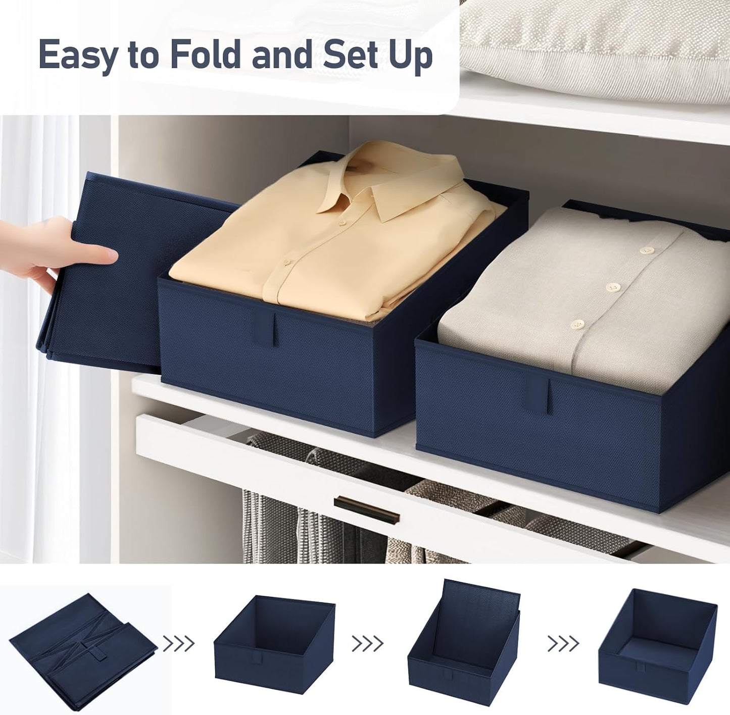 DIMJ Closet Storage Bins 8 Pack - Fabric Trapezoid Organizer Bin, Foldable Storage Baskets for Shelves, Closet Shelf Organizer, Clothing Storage Box for Toys, Books, Towel, Clothes,Navy Blue
