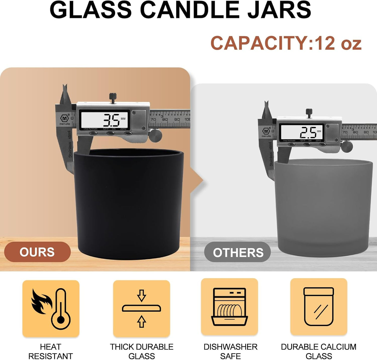 12 OZ Thick Candle Jars for Making Candles 12 Pcs, Empty Jars with Wood Lids for Spice Jars, Sample Container, Matte Black