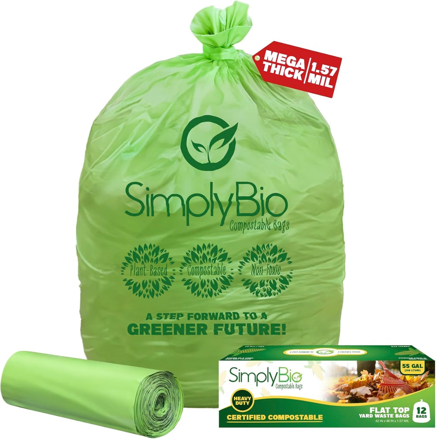 Simply Bio 50-55 Gallon Compostable Trash Bags Liners Flat-Top, Heavy Duty Extra Thick 1.57 Mil, 208.2 Liter, 12 Bags, Lawn, Yard, and Restaurant Use, ASTM D6400, US BPI, OK Compost Home Certified