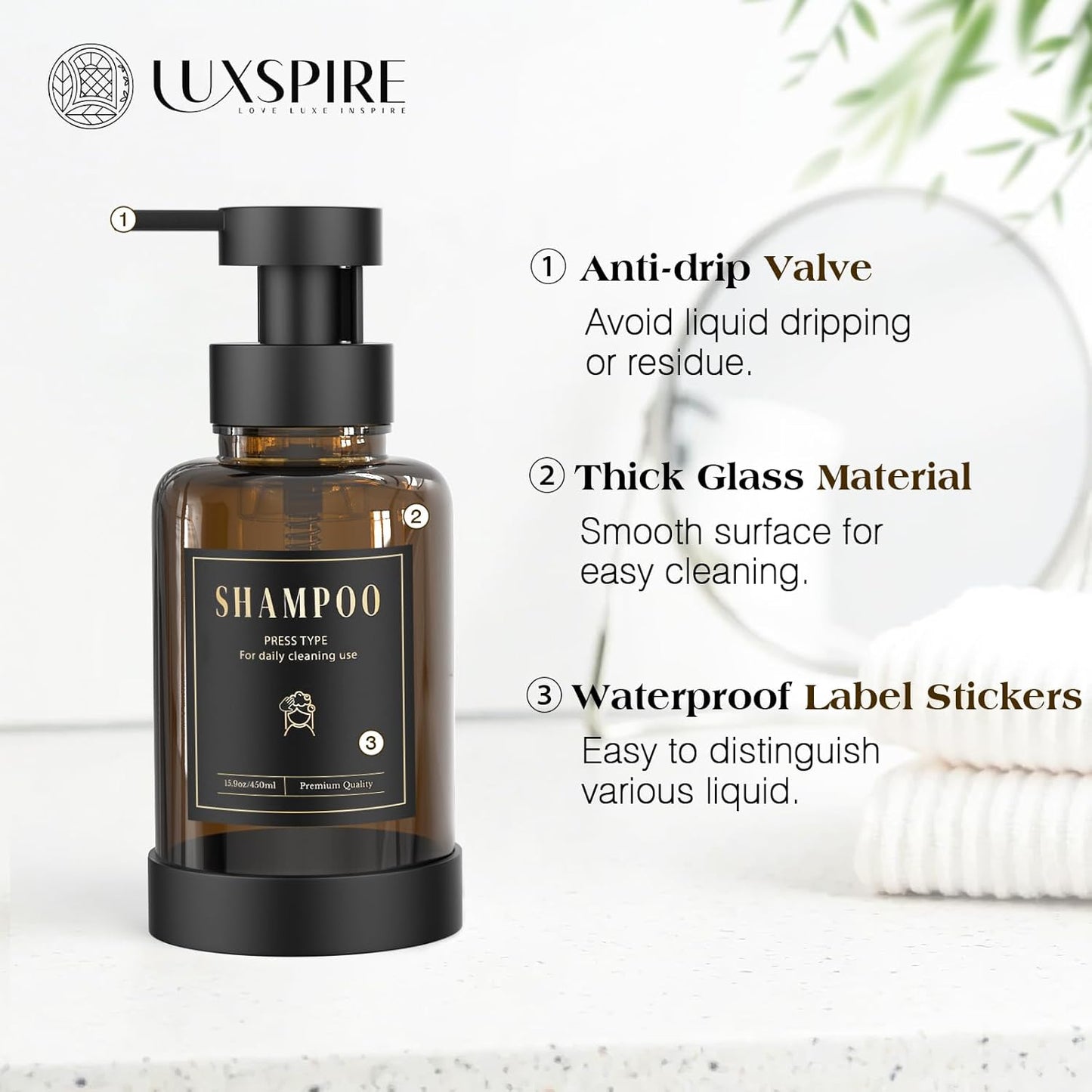 Luxspire Foaming Soap Dispenser, Glass Foam Pump Soap Dispenser, Non-Slip Silicone Sleeve & 5 Waterproof Labels, 15 Oz Refillable Liquid Bottle for Bathroom & Kitchen, Amber, 1 Pack