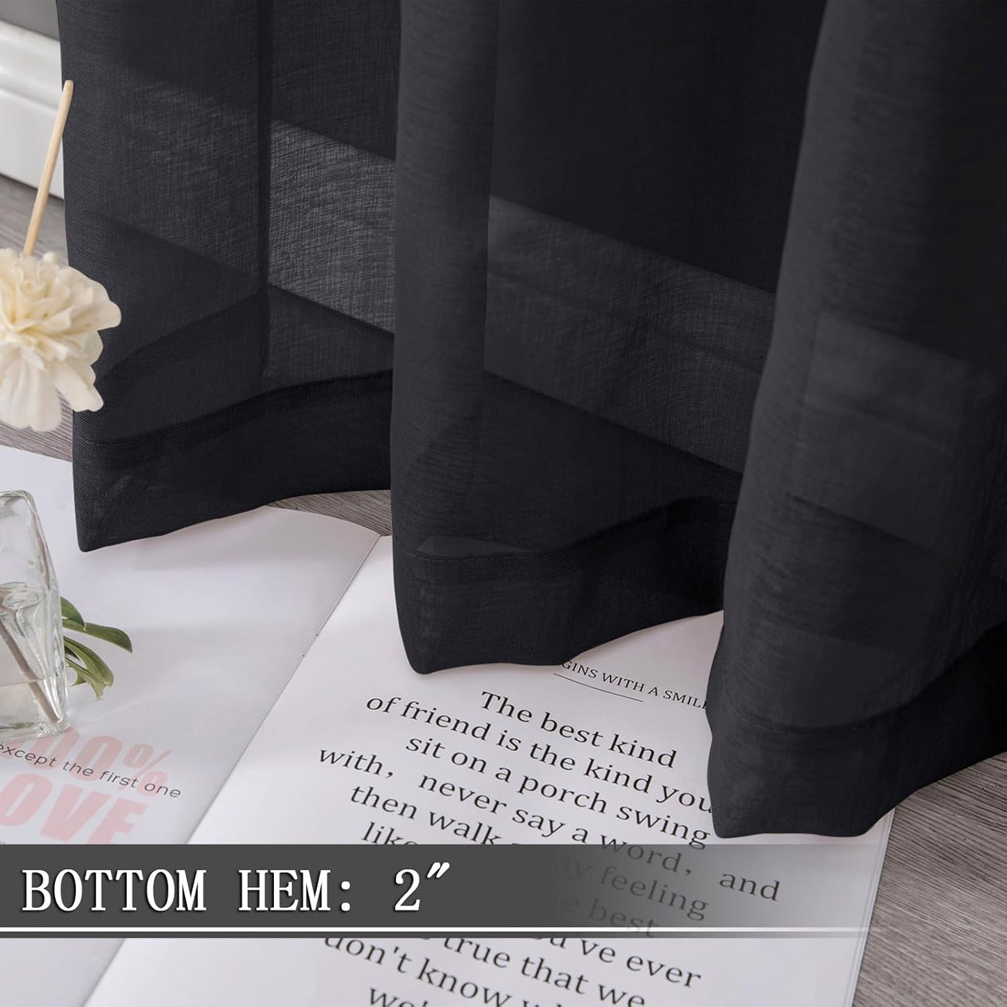 Tollpiz Short Sheer Curtains Living Room Linen Textured Curtain Sheers Light Filtering Voile Rod Pocket Curtains for Bedroom, 38 x 45 inches Long, Black, Set of 2 Panels