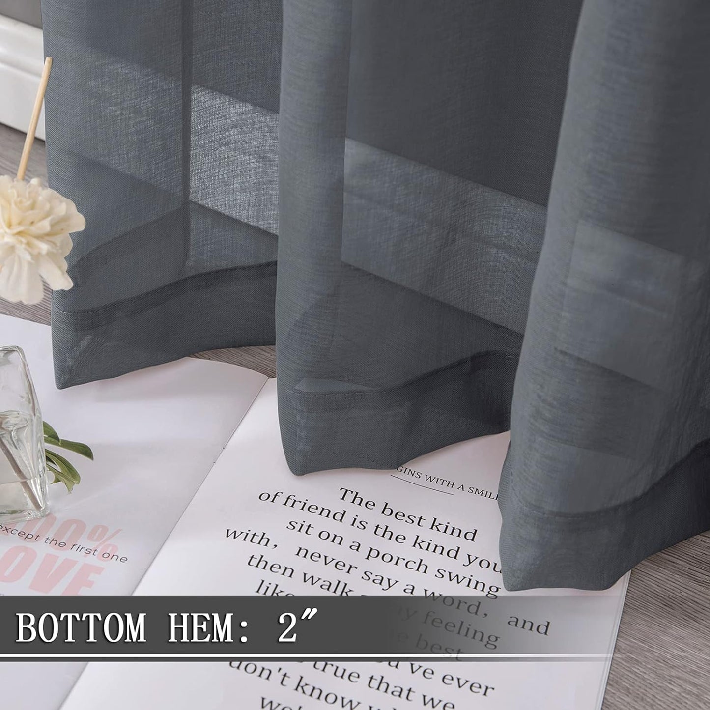 Tollpiz Sheer Curtains Linen Textured Bedroom Curtain Sheers Light Filtering Rod Pocket Voile Curtains for Living Room, 54 x 63 inches Long, Dark Grey, Set of 2 Panels