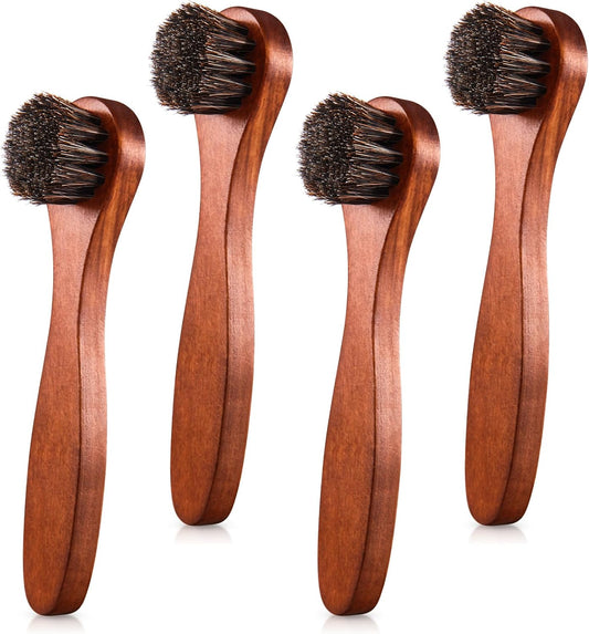 4 Pcs Horsehair Shine Shoes Brush Kit Polish Dauber Applicators Cleaning Leather Shoes Boots Care Brushes Suede Cleaner Brush with Microfiber Shoe Cloth(Brown Handle A)