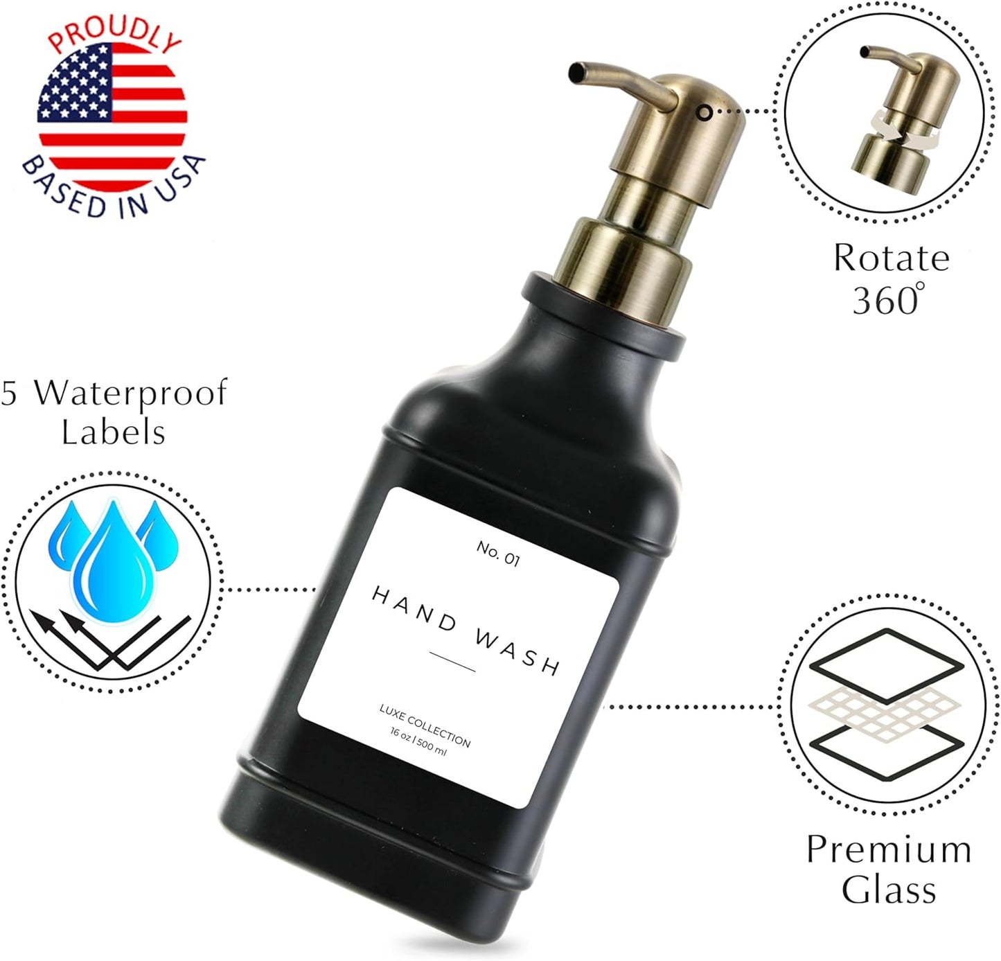 Emerson Essentials Soap Dispenser, Dish Soap Dispenser, Soap Bottle Bathroom Set, Hand Soap Farmhouse Home, Kitchen Soap Dispenser Set - Glass Soap Dispenser with Pump and Labels, 16 Oz, 2 Set