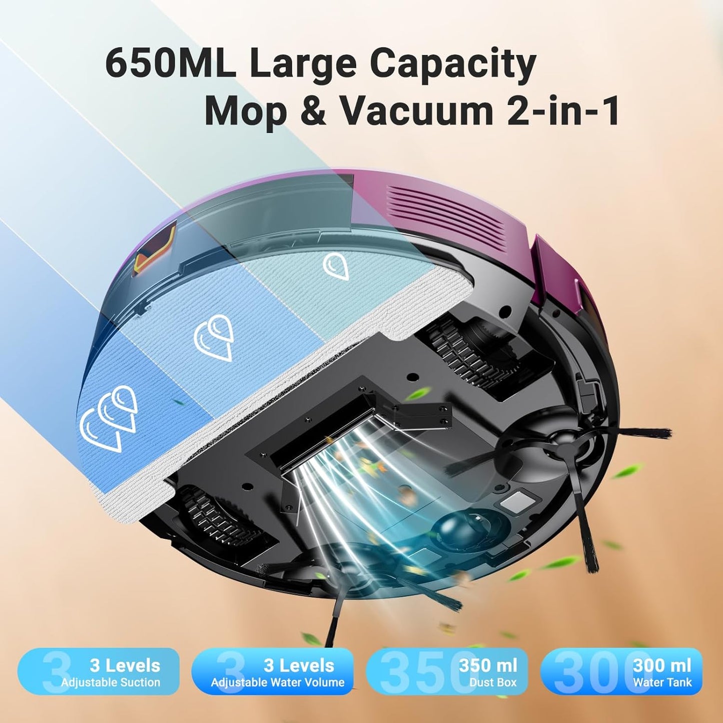Robot Vacuum and Mop Combo 5000Pa 650mL 2 in 1 Mopping Robot Vacuum Cleaner Schedule WiFi/Alexa/App Smart Self-Charging Robotic Vacuum Ultra-Slim