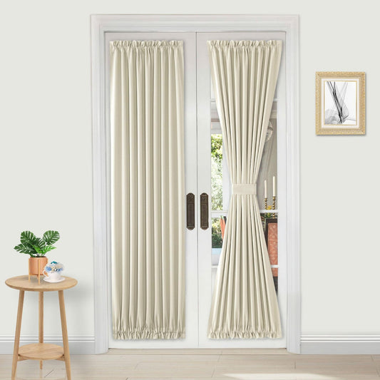 DWCN French Door Curtains – Rod Pocket Thermal Blackout Curtain for Doors with Glass Window, Kitchen and Patio Doors for Privacy, 25 X 72 Inches Long, 1 Curtain Panel with Tieback, Light Beige